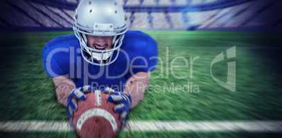 Composite image of american football player reaching towards bal