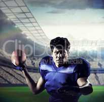 Composite image of portrait of sportsman throwing football