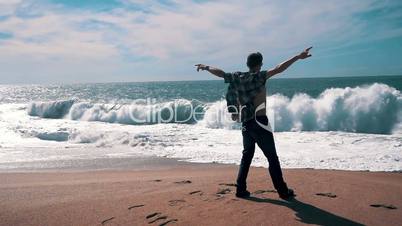 Man Have Fun on Beach with Big Waves, slow motion