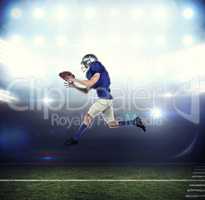 Composite image of american football player running while catchi