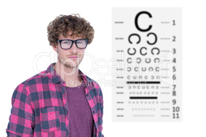 Composite image of handsome man wearing geek glasses over white