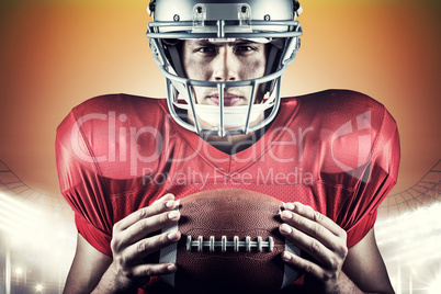 Composite image of close-up portrait of confident american footb