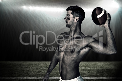Composite image of shirtless rugby player ready to throw the bal