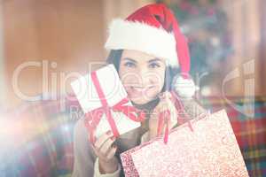 Smiling brunette holding gift and shopping bag  at christmas