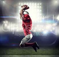 Composite image of american football player in red jersey jumpin