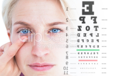Composite image of pretty blonde applying contact lens