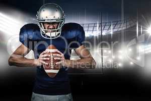 Composite image of angry american football player holding ball