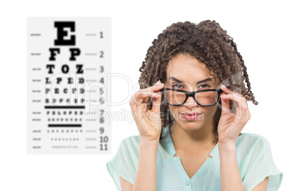 Composite image of woman wearing glasses on white background