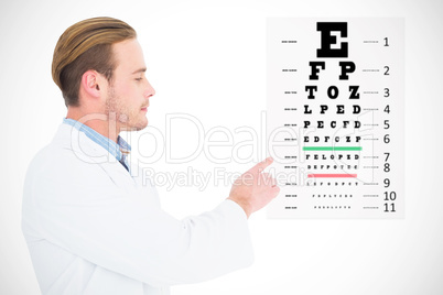 Composite image of optician in coat pointing eye test