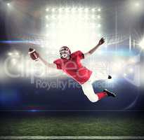 Composite image of american football player scoring a touchdown