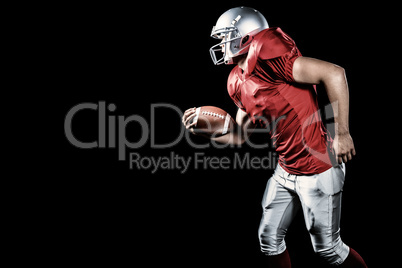 Composite image of side view of sportsman running while playing american football