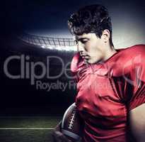 Composite image of american football player holding ball while e
