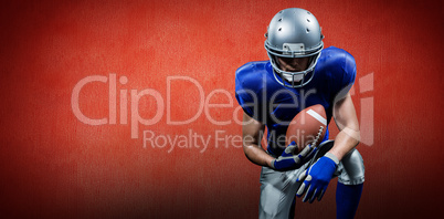 Composite image of american football player holding ball while k