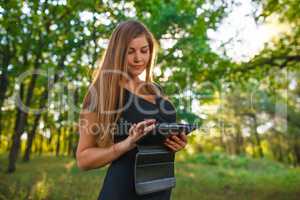 Girl European appearance young brown-haired woman in a black dre