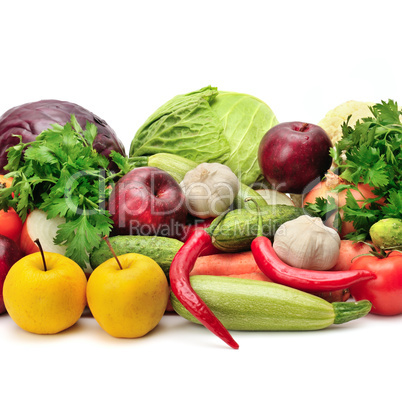 assortment fruits and vegetables on white