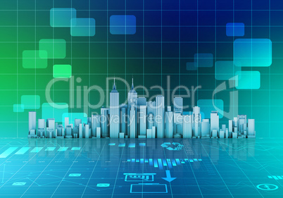 Abstract illustration with skyscrapers and financial charts