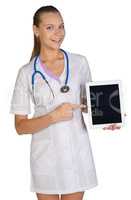 Woman doctor holding a tablet showing forefinger on the screen