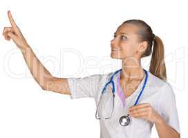 Healthcare. Smiling female doctor pointing to something or pressing imaginary button