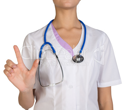 Female headless doctor pointing to something or pressing imaginary button