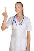 Healthcare. Female doctor pointing to something or pressing imaginary button