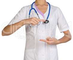 Female headless doctor pointing to something or pressing imaginary button