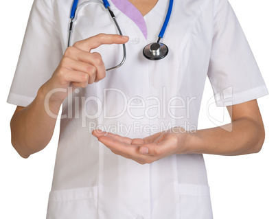 Female headless doctor pointing to something or pressing imaginary button