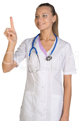 Healthcare. Smiling female doctor pointing to something or pressing imaginary button