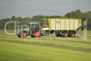 Agriculture, transport of cut grass with green tractor and grass