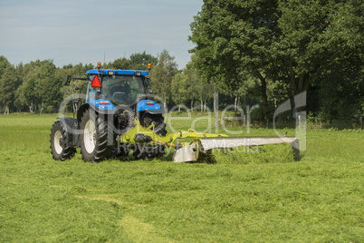 Agriculture, pasture mowing with blue tractor .