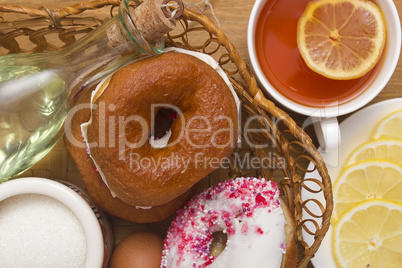 Breakfast of donuts and tea