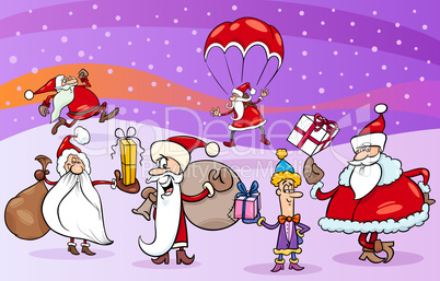 cartoon group of santa clauses