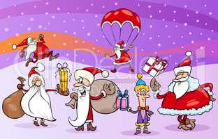 cartoon group of santa clauses