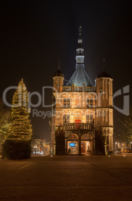 Illuminated market place in the city of Deventer
