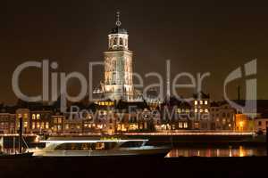 Illuminated skyline of the city of Deventer Netherlands