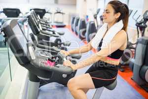 Smiling woman using the exercise bike