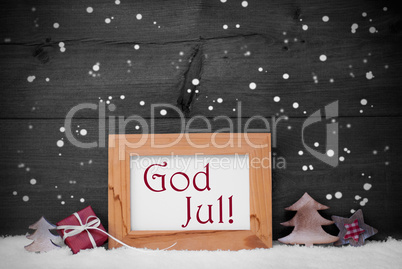 Gray Frame With God Jul Means Merry Christmas, Snow, Snowflakes