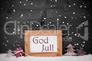 Gray Frame With God Jul Means Merry Christmas, Snow, Snowflakes