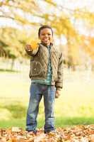 Portrait of a little boy showing leaves