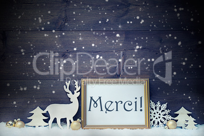 Vintage White And Golden Christmas Card, Merci Mean Thank You