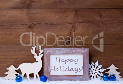 Christmas Card With Blue Decoration, Happy Holidays, Snow