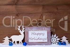 Christmas Card With Blue Decoration, Happy Holidays, Snow