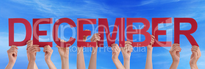 Many People Hands Holding Red Straight Word December Blue Sky