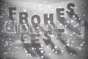 White Text Frohes Fest Means Merry Christmas On Snow, Snowflakes