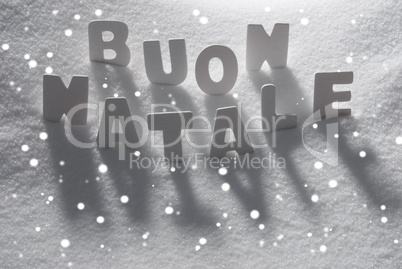 Word Buon Natale Mean Merry Christmas On Snow, Snowflakes