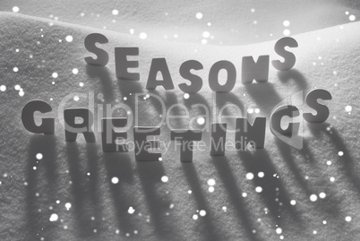 White Word Seasons Greetings On Snow, Snowflakes