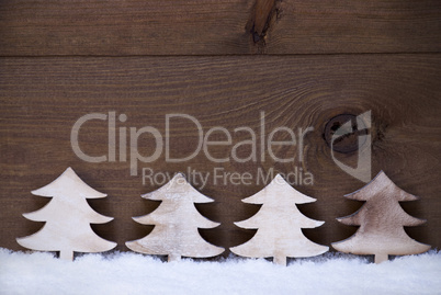 Four Wooden Christmas Trees On Snow, Copy Space, Advent