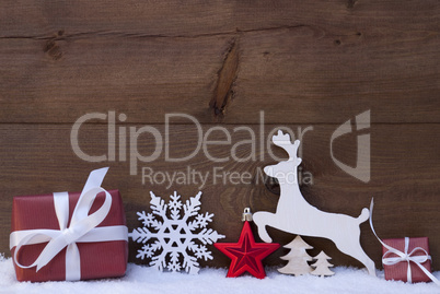 Red Christmas Decoration, Snow, Snowflake, Reindeer And Gift