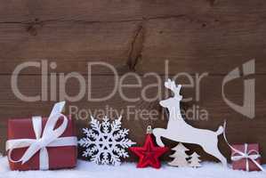 Red Christmas Decoration, Snow, Snowflake, Reindeer And Gift