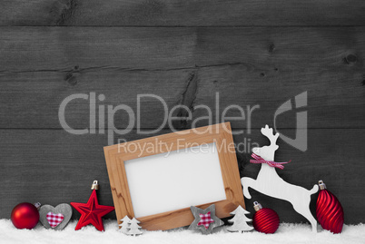 Gray Christmas Card With Red Decoration On Snow, Copy Space