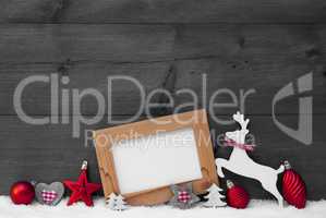 Gray Christmas Card With Red Decoration On Snow, Copy Space
